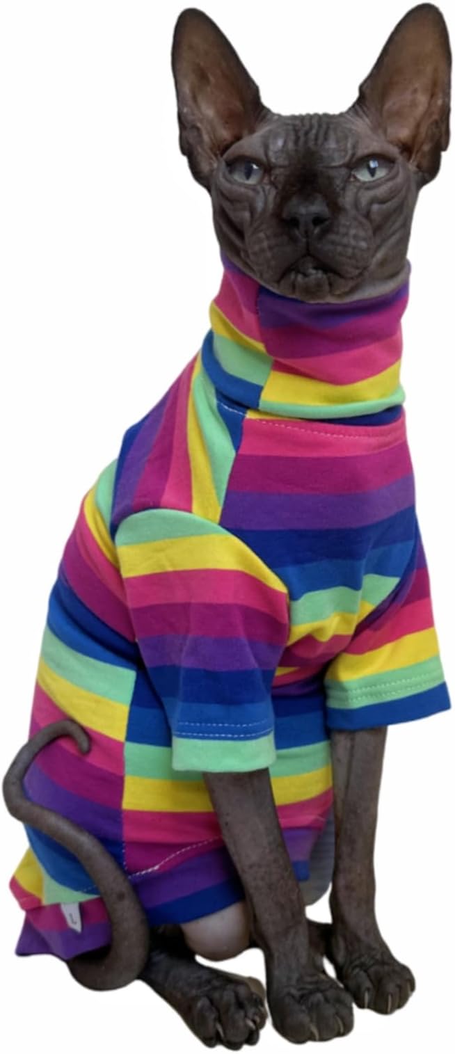 Vintage Stripes Sphynx Hairless Cats Shirt Cotton Cat Turtleneck Pet Clothes Kitten T-Shirts with Sleeves for Sphynx Cornish Rex, Devon Rex, Peterbald (Rainbow Stripe, Large (Pack of 1))