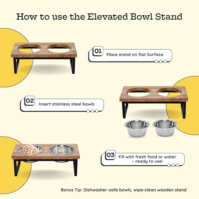 Elevated Dog Bowls, Medium 6 Height Mango Wood Raised Dog Bowl Iron Stand with 2 Pcs 64 oz Stainless Steel Pet Dishes | Food & Water 8 Cup / 1.9 L Capacity Nonslip Cats Feeding Station