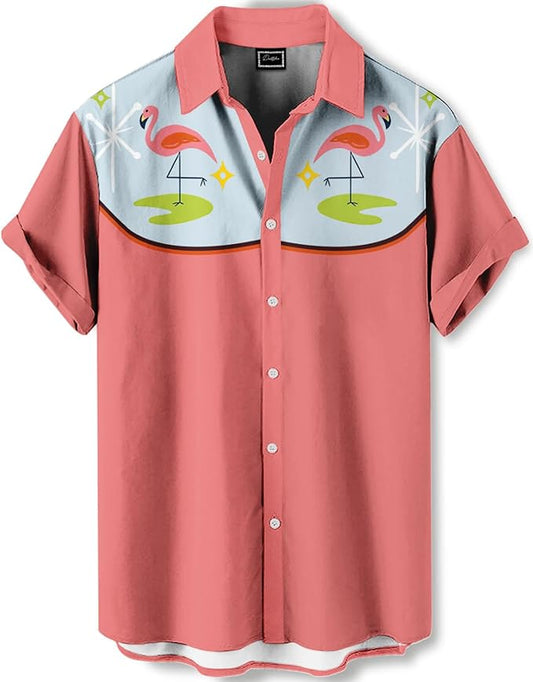 Men’s Hawaiian Shirt Western Cowboy Symmetrical Print Short Sleeve Button Down Casual Beach Holiday Summer Shirt