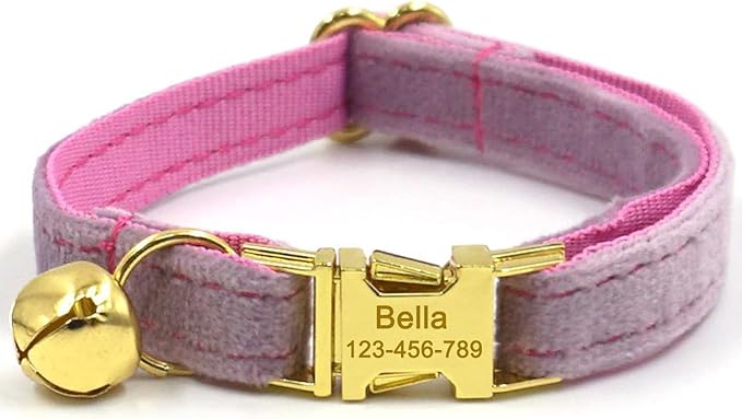 Personalized Cat Collar with Bells,Velvet Customized Small Cat Collar with Name Tag,Pet Collar with Name Phone Number Engraved ID Tags for Boy and Girl Kitten Cats (Lilac Purple)
