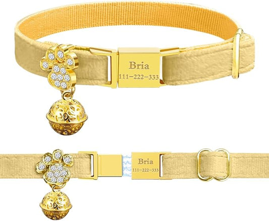 Personalized Breakaway Cat Collars - Magnetic Buckle, Bell - Safety Quick Release, Customized for Girls & Boys Cats- (Velvet-Yellow)