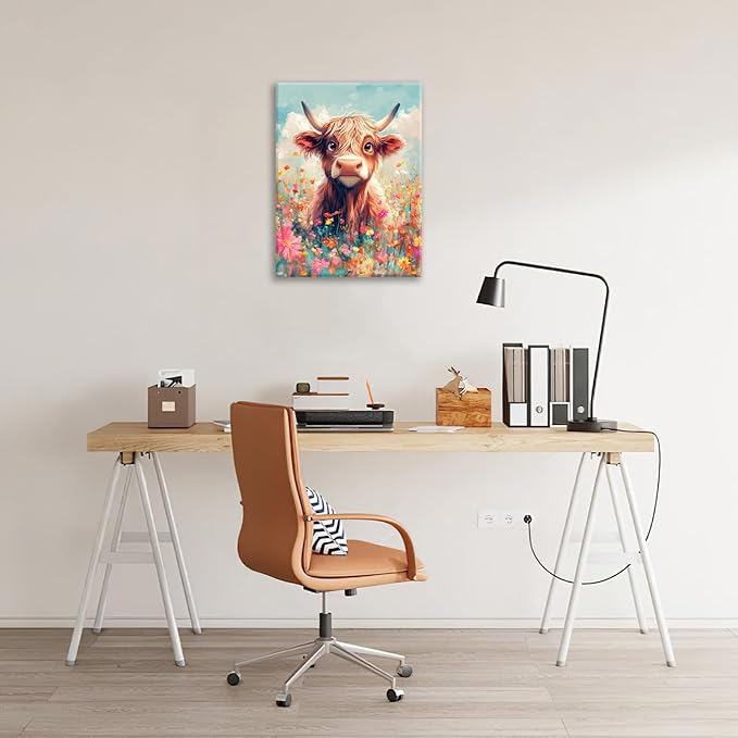 Highland Cow Wall Art Canvas Flower Cattle Wall Decor Prints Framed Painting Animal Pictures Gifts Artwork for Bathroom Living Dining Kitchen 16"x20"