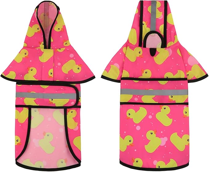 HDE Dog Raincoat Jacket Reflective Adjustable Hooded Pet Poncho Rain Coat with Leash Hole for Small to X-Large Dogs Pink Ducks - M