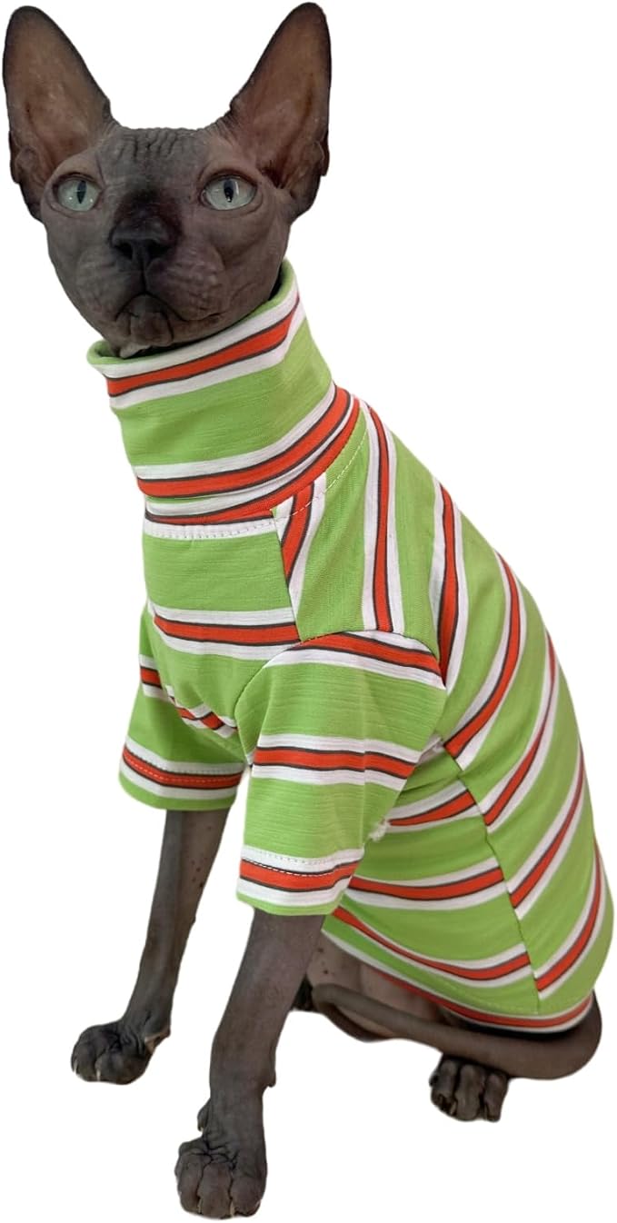 Vintage Stripes Sphynx Hairless Cats Shirt Cotton Cat Turtleneck Pet Clothes Kitten T-Shirts with Sleeves for Sphynx Cornish Rex, Devon Rex, Peterbald (Orange & Green, X-Large (Pack of 1))