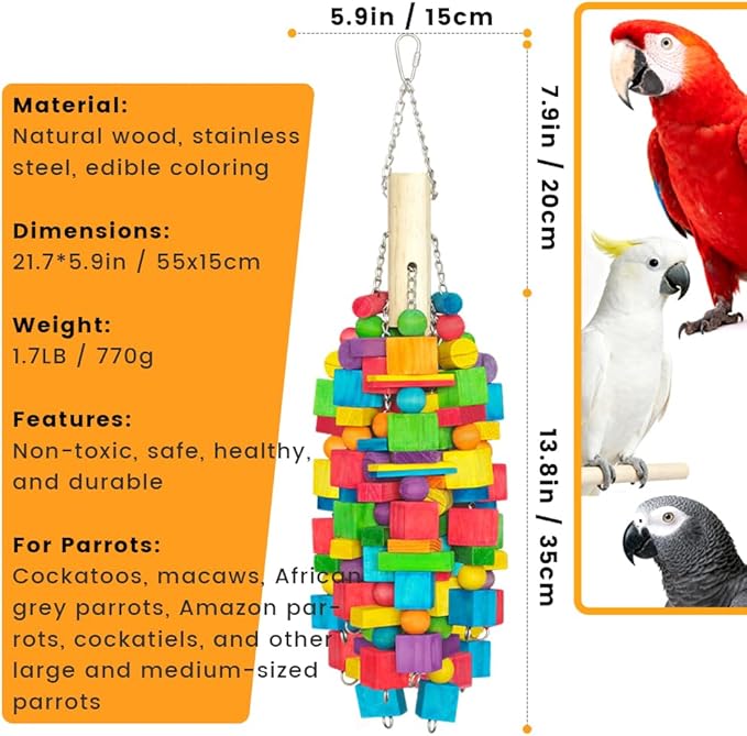 Extra Large Bird Toys - 21.6'' Heavy Duty Natural Parrot Toys for Chewing Foraging with SS Chain & Edible Colors for Medium to Large Parrots, Macaws, Cockatoos, African Grey, Cockatiel, Parakeet