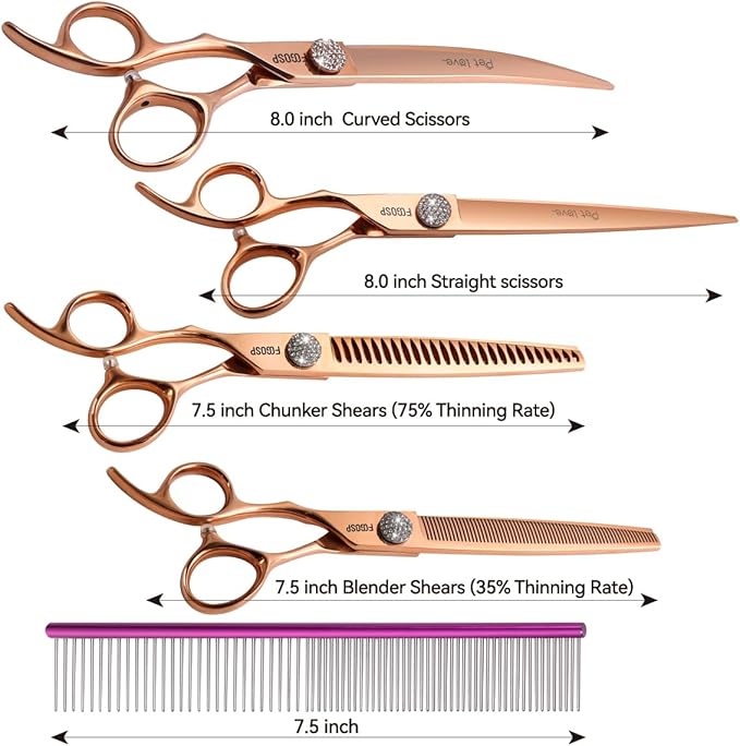 Left Handed Dog Grooming Scissors Set 4PCS Rose Gold Titanium Curved Thinning Straight Chunkers Shears Kit with White Artificial Diamonds Ergonomic Offset Handle Japan 440C