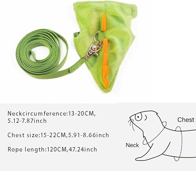 Ferret Leash and Harness Set, Dinosaur Design Small Animal Harness with Leash, Adjustable & Escape-Proof, Soft Plush Comfort for Rabbits, Kitten, Bunny, Hedgehog (Green)