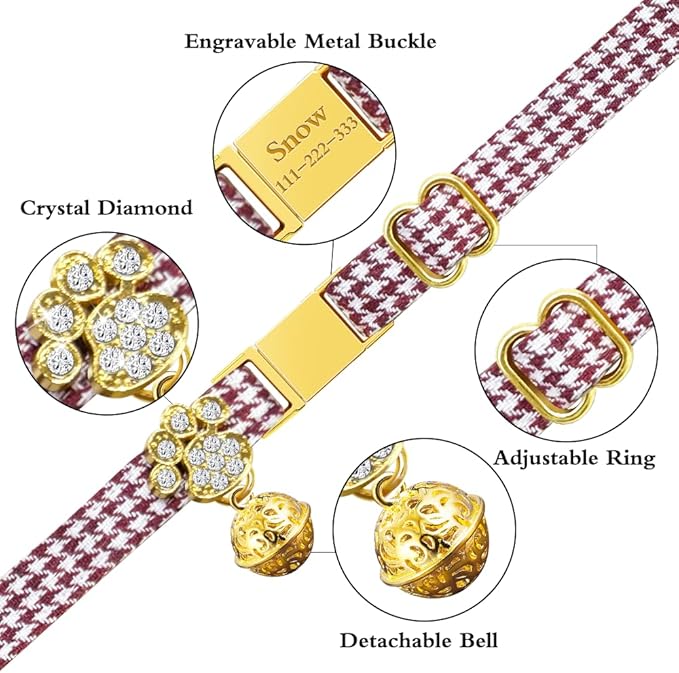 Personalized Breakaway Cat Collars - Magnetic Buckle, Bell - Safety Quick Release, Customized for Girls & Boys Cats- (Houndstooth-Burgundy)