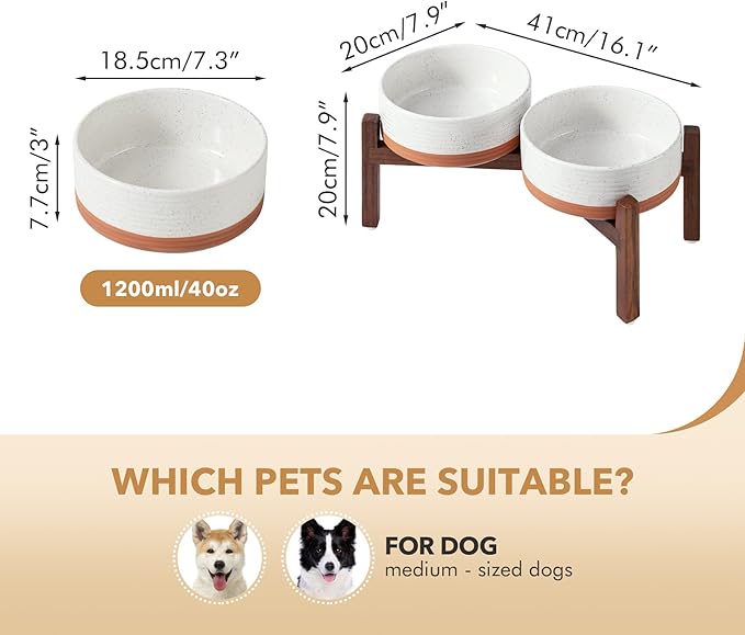 Ceramic 7.3inch Raised Double Dog Bowls Set with Acacia Wood Stand, Food & Water Bowls for Medium Breed Dogs, Weighted Pet Dishes(41oz, Vanilla White)