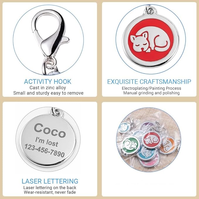 Personalized Pet ID Tags with Lobster Claw Clasp for Kittens and Cats - Small pet Tags for Cats, cat Name Tags for Collar, Custom cat id tag (Sleeping-Round-Small: Pink)