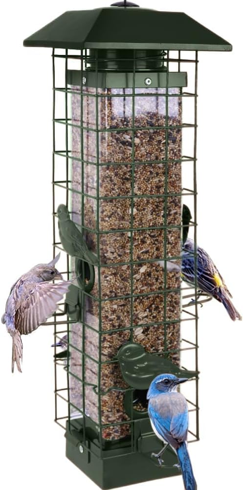Squirrel Proof Bird Feeders for Outdoors, Metal Wild Bird Feeder for Outside Hanging, 4 Ports Perches, 3LB Large Capacity (Green)