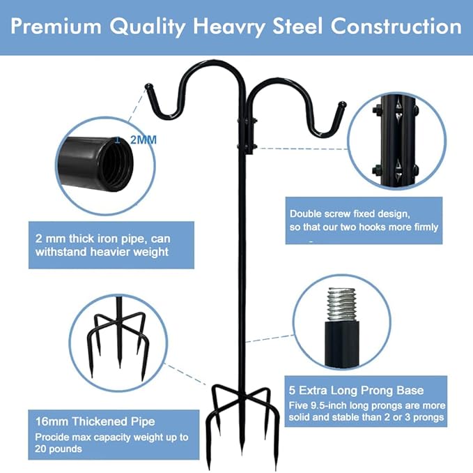 Adjustable Double Shepherds Hook,63 Inch Tall Heavy Duty Hanging Stakes Two Sided Garden Pole for Bird-Feeder Lantern Plant-Hook Garden-Stake,Plant Stand Hanger for Outdoor Wedding Decor