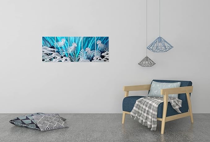 SYGALLERIER Jelly Fish Large Metal Wall Art Hand Grind Aluminum Artwork 3D Undersea World Coastal Pictures Nautical Decor for Living Room Bedroom