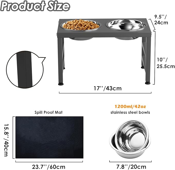 Metal Raised Dog Bowl, 10" Height Tall Elevate Dog Feeder Stand with 2 Stainless Steel 42oz Bowls & 16x24 Non-Slip Mat – Stronger Dogs Food & Water Bowl Stand (Grey)