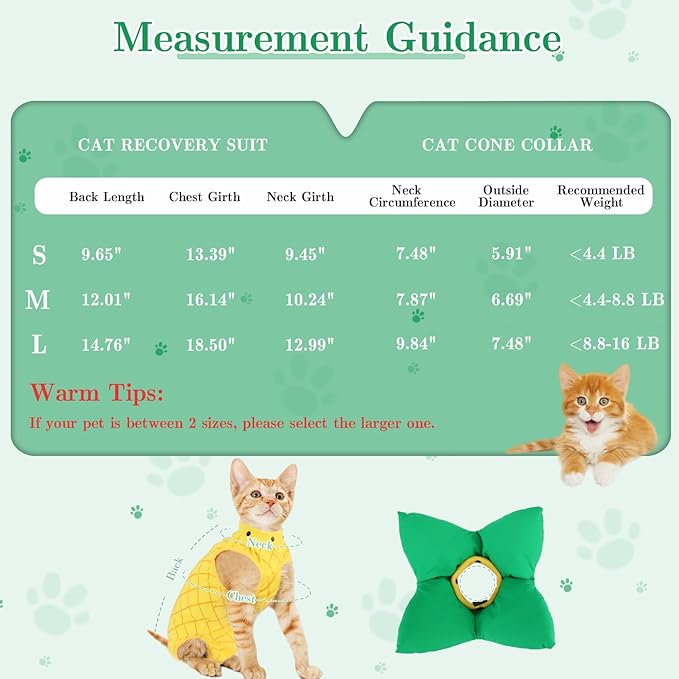 EMUST 2PCS Cat Recovery Suit & Cat Cone Collar Female, Soft & Adjustable Dog Surgery Suit Female Spay for Abdominal Wounds, Cotton Cone for Cats to Stop Licking for Small Female Pets 8-16lb, Yellow, L