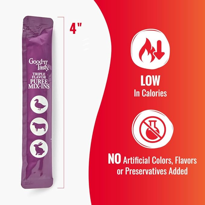 Good 'n' Tasty Triple Flavor Puree Mix-Ins Dog Food Topper Treats for All Dogs, 7 Count, Easy Single-Serve Portions, Added Protein with Duck, Beef and Rabbit, No Chicken Added