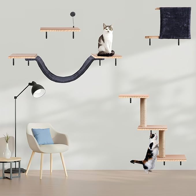 Wall Mounted Cat Climber Set, Solid Wood Cat Wall Shelves with Scratching Post,Hammock,Jumping Boards,Steps,Condo and Felt Pads, Suit for Cats Climb, Jump, Nap, Scratch-Dark
