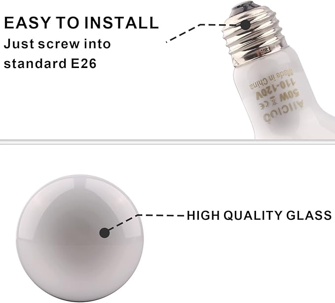 Aiicioo Reptile Basking Light Bulb - 50W Reptile Heat Lamp 2 Pack UVA Daylight Amphibians Basking Bulb for Bearded Dragon Turtle Hermit Crab Gecko Lizard Daylight