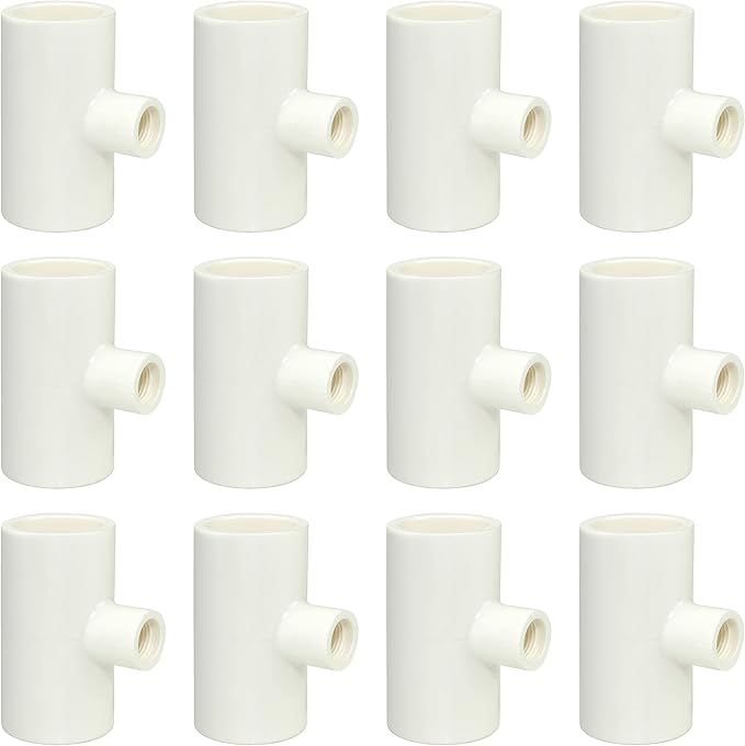 (12 Pack) Chicken Waterer PVC Tee Fittings For Threaded Poultry Watering Cups - Schedule 40 PVC 1/2 inch Slip X 1/2 inch Slip X 1/8 inch FPT