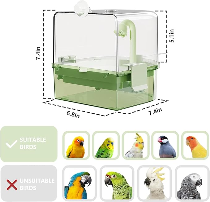 Automatic Bird Baths for Cage – Indoor Parakeet Bath with Pump, Bird Shower with 2 Modes Running Water, Bird Cage Accessory for Pet Birds Conure Budgies Cockatiels Lovebird(Green)