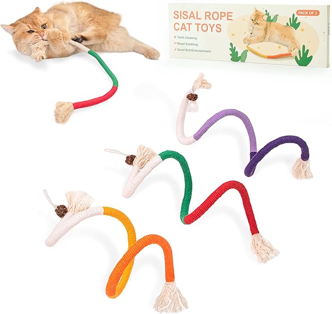 Cat Toys Chew Ropes,3Pcs Natural Catnip Chewing Rope,Safe Teeth Cleaning Toy for Indoor Kittens,Interactive Cat Nip Kitty Toys for 24 Inches All Breeds