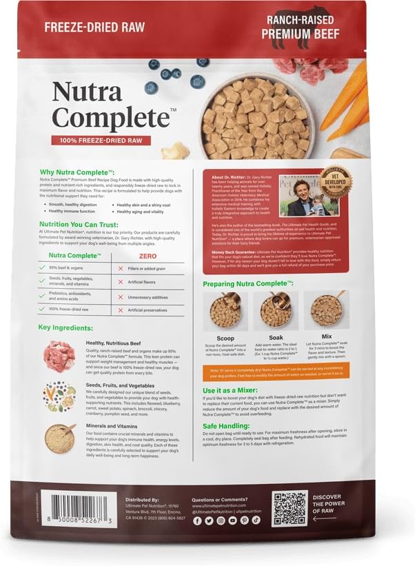 ULTIMATE PET NUTRITION Nutra Complete Freeze Dried Raw Dog Food, Veterinarian Formulated with Antioxidants, Prebiotics & Amino Acids (3 Pound, Beef)