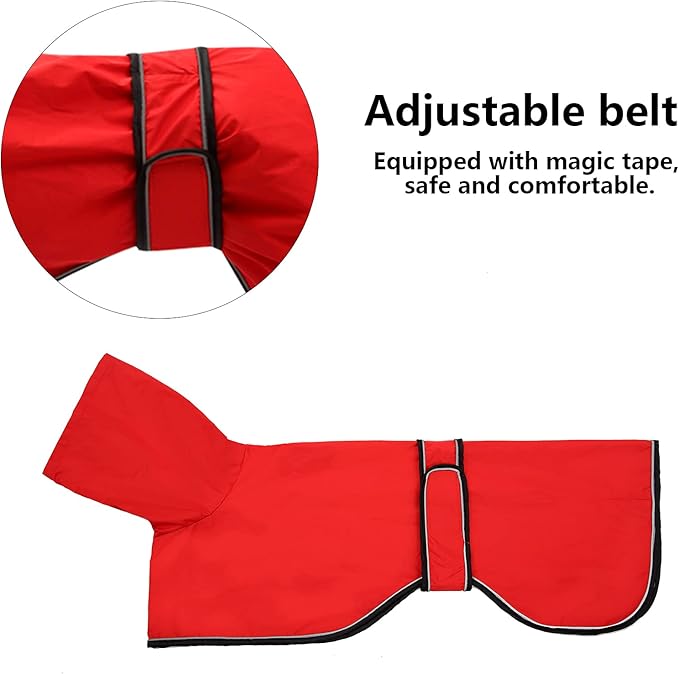 Dog Raincoat with Reflective Bar, Rain/Water Resistant, Adjustable Vest - Dog Raincoats for Greyhounds, Lurchers and Whippets - Red - S