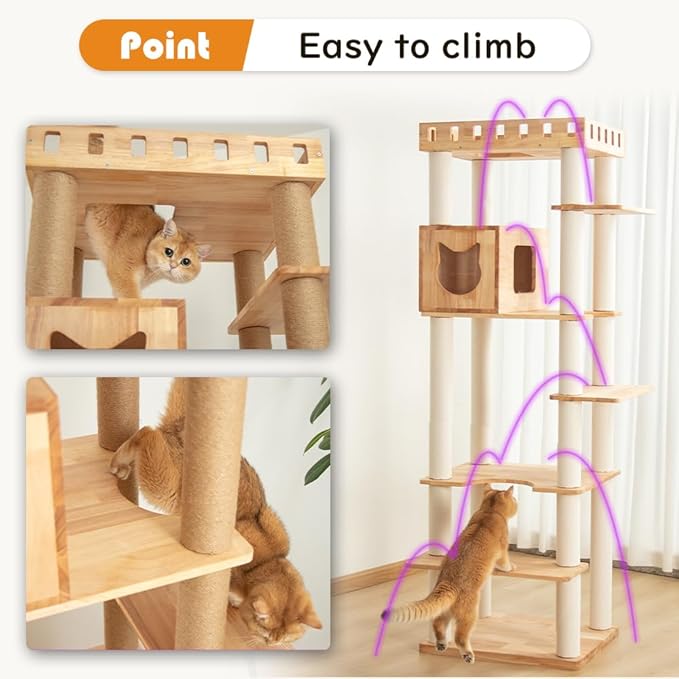 74" Wooden Cat Tree Tower for Large Cats, Multi-Level Cat Climbing Furniture with Scratching Posts, Cat Condo & Hammock, Natural Wood Cat Activity Center (White)