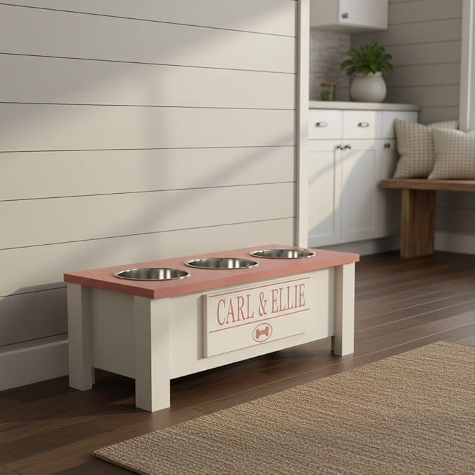 GrooveThis Woodshop - Personalized Elevated Triple Dog Bowl Stand for Large, Medium, Small, X-Small Dogs - 3 Stainless Steel Food and Water Bowls - Raised Dog Dish with Internal Storage (Medium, Pink)