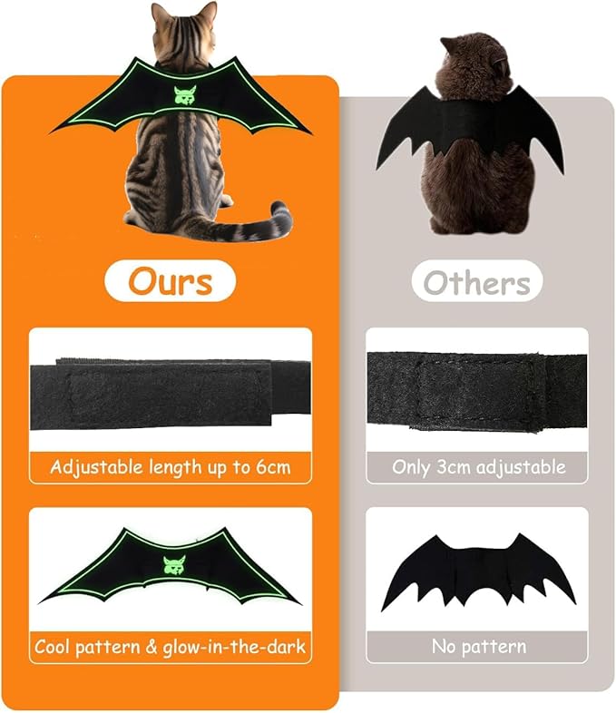 Glow in The Dark Bat Wings Pet Costume, Cat Bat Wings for Halloween Party Decoration, Light Up Pet Collar Leads Cosplay Bat Costume, Cute Puppy Cat Dog Dress Up Accessories ﻿