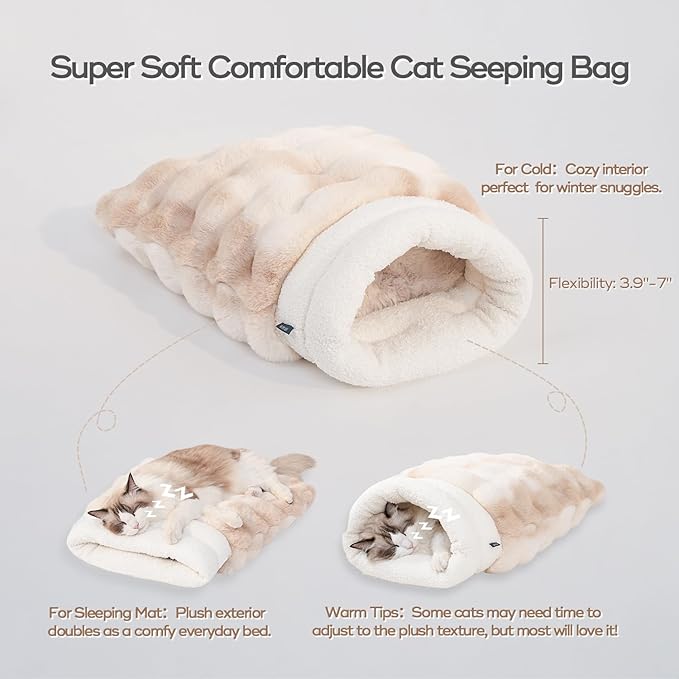 4 in 1 Cat Sleeping Bag 360° Wrap Cat Bed Plush & Warm Winter Sleeping Bag for Small Pets (Up to 15 lbs) Beige 21 × 17 Inch