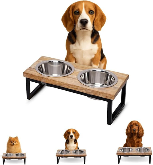 Elevated Dog Bowls, Small-Med 5 Height Mango Wood Raised Dogs Bowl Iron Stand with 2 Pcs 32oz Stainless Steel Pet Dishes | Food & Water 4Cup/0.95L Capacity Nonslip Cats Feeding Station