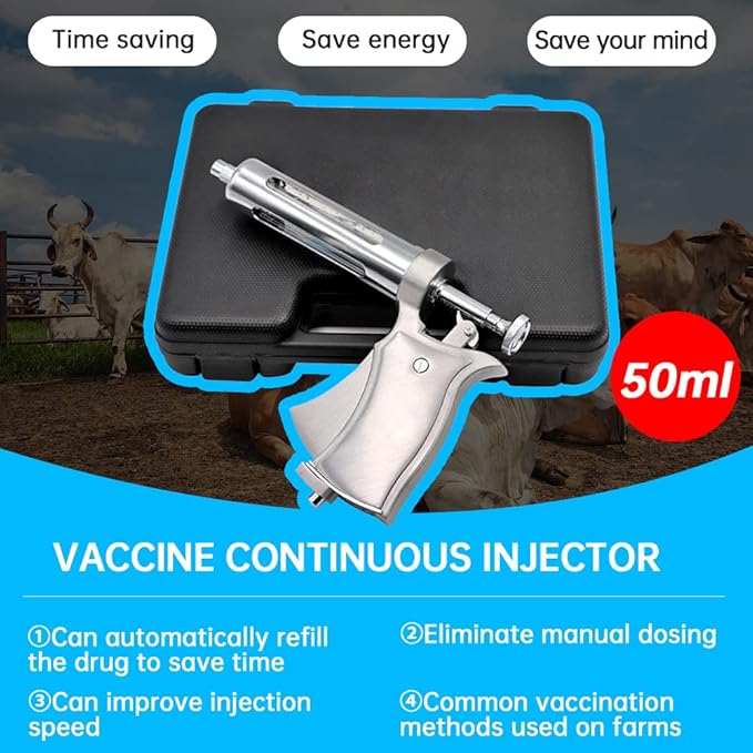 50ML Livestock Syringe Animal Injection Gun,Adjustable Continuous Injection Gun with 12Pcs Stainless Steel Injection Needles for Horses Cattle Pigs Sheep