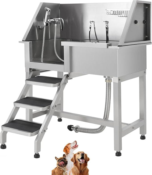 Stainless Steel Dog Washing Station - Dog Bath Tub for Large, Medium, Small Dogs, Pet Grooming Tub with Ramp, Non-Slip Grate, Shower, Soap Box, Faucet, Drain for Home & Outdoor （Left RAMP, 50"）