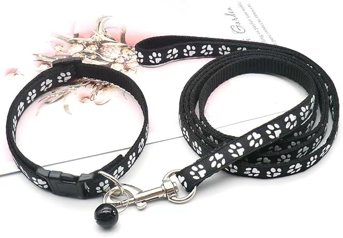 Black Dog Collar with Bell Leash Set, Nylon Basic Reflective Small Dog Collar Boy Paw Print for XXS Xs S Dog Kitten Pet Animal Tiny