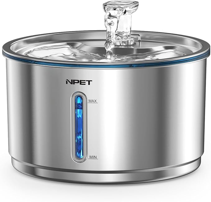 NPET Stainless Steel Cat Water Fountain, 1Gallon/135oz Automatic Pet Drinking Fountain Dog Water Dispenser Bowl with Water Level Window for Cats Indoor - WF210Plus