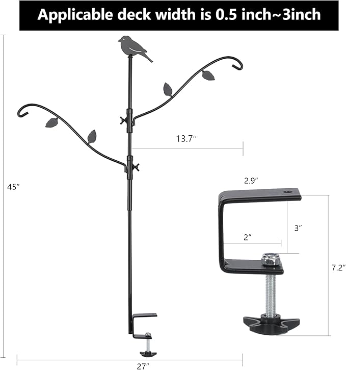 FEED GARDEN Deck Bird Feeder Pole, 42 Inches, Multiple Hooks, Adjustable, Detachable, Heavy Duty Steel, Stable, Black, BirdFeeders Porch for Deck Kit for Outside Bird Feeders and Plant Hangers