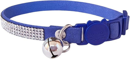Rhinestone Cat Collar Breakaway Safety Buckle with Bell, Adjustable Diamond Girl Boy Kitty Cute Comfy Collar for Kitten Small Pets Rabbits, 7.5"-11" Blue