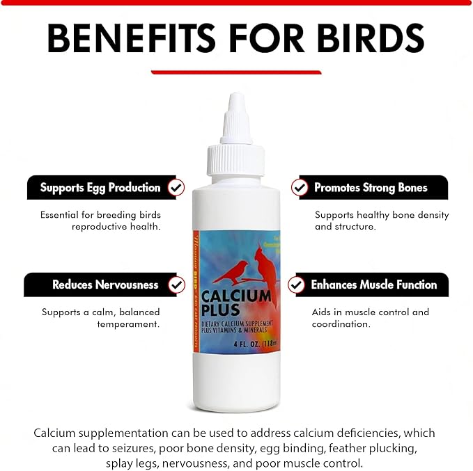 Morning Bird Calcium Plus Liquid for Birds – Bird Vitamins for Strong Eggshells, Healthy Bones, and Baby Bird to Support Growth, Breeding, and Wellness for All Birds 4 Fl Oz