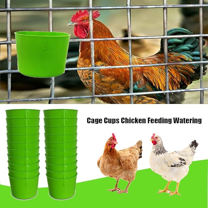 Hanging Chicken Feeder, 20pcs Chicken Water Cups, Plastic Cage Cups for Chickens Pigeon Rabbit Poultry (Green)