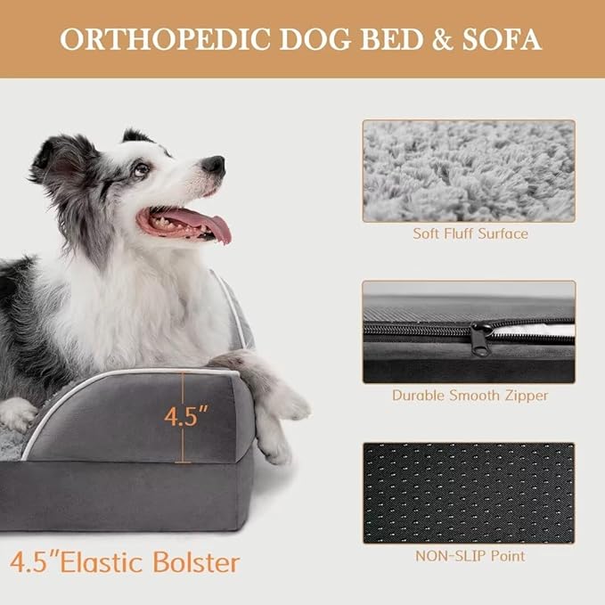 Comfort Expression Cooling Dog Bed for Large Dogs, Orthopedic Memory Foam Beds, Waterproof Washable Dogs Bed with Removable Cover, Pet Bed Dog Sofa with Bolster(Large,Silver Grey)