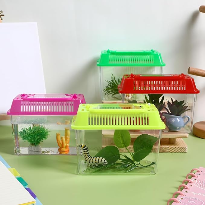 HANABASS Mini Fish Tank with Lid, Handheld Transparent Fish Box, Plastic Small Transparent Aquarium with Handle, Turtle Tortoise Habitat Tank, 5.9x4.3x3.7 Inches