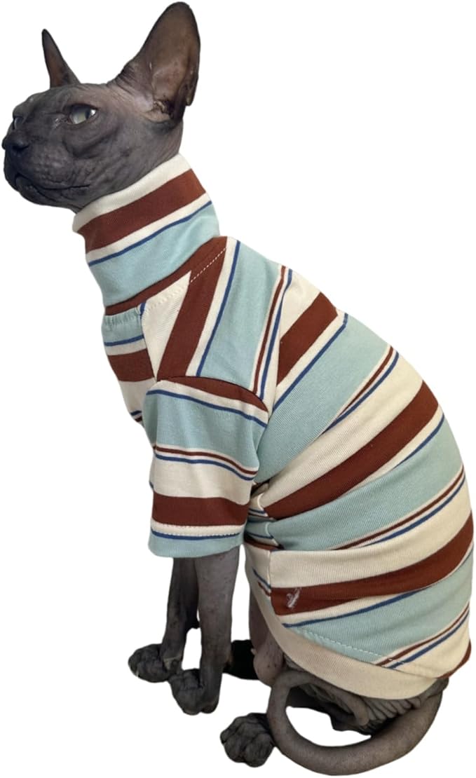 Vintage Stripes Sphynx Hairless Cats Shirt Cotton Cat Turtleneck Pet Clothes Kitten T-Shirts with Sleeves for Sphynx Cornish Rex, Devon Rex, Peterbald (Mint Brown, X-Large (Pack of 1))