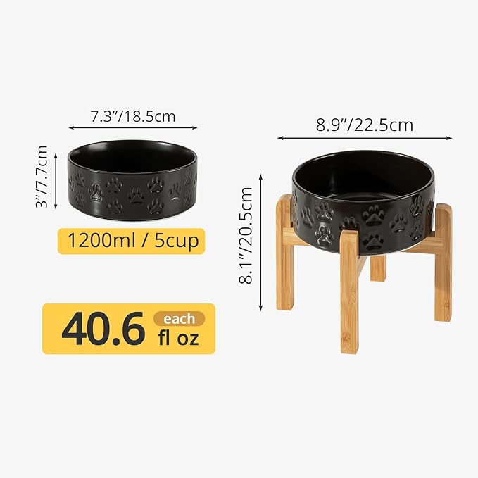 Elevated Ceramic Dog Bowls 2 Pack, 7.3“ Individual Dog Bowl Stand for Medium Dogs, 8.1" Tall Non-Slip Bamboo Stand, Dishwasher Safe (Double Bowls + Double Stands - Black, 7.3 inch)