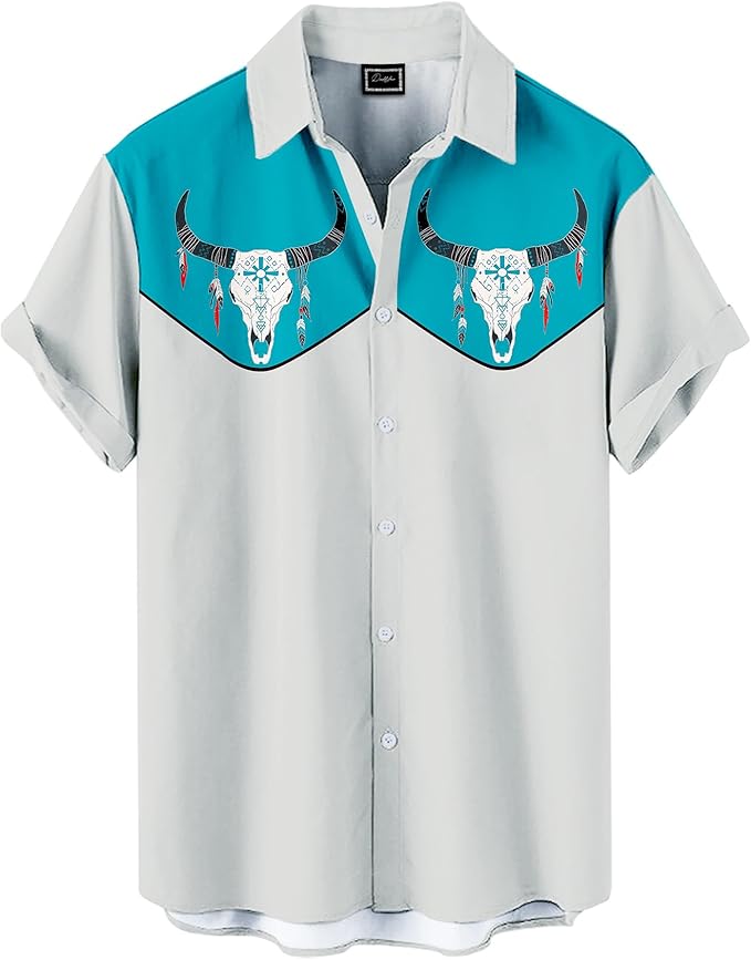 Men’s Hawaiian Shirt Western Cowboy Symmetrical Print Short Sleeve Button Down Casual Beach Holiday Summer Shirt