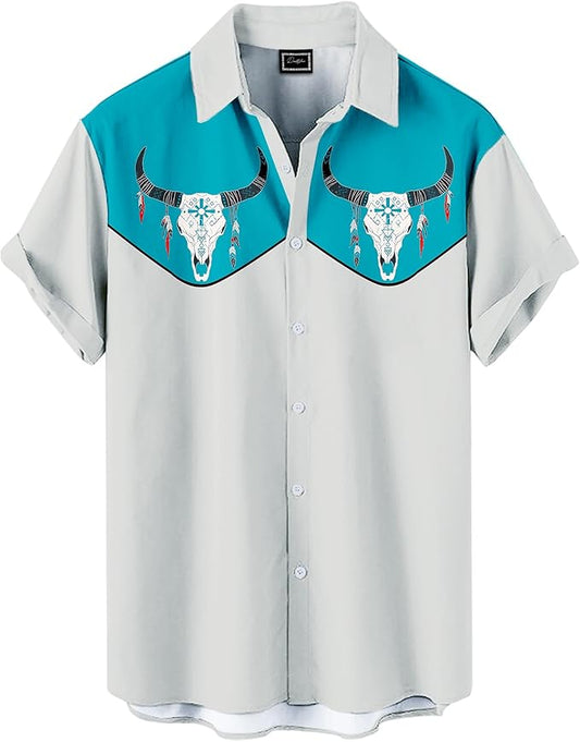 Men’s Hawaiian Shirt Western Cowboy Symmetrical Print Short Sleeve Button Down Casual Beach Holiday Summer Shirt