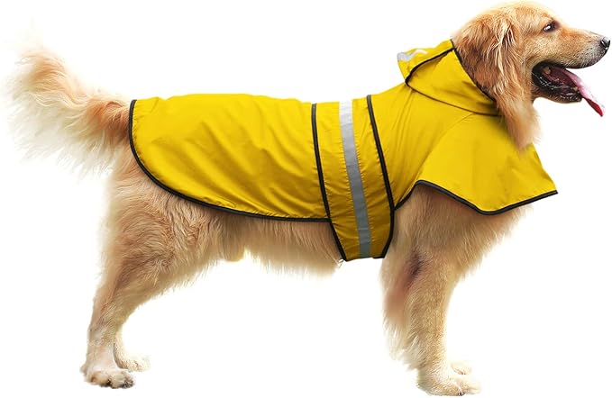 HDE Dog Raincoat Jacket Reflective Adjustable Hooded Pet Poncho Rain Coat with Leash Hole for Small to X-Large Dogs Yellow - L