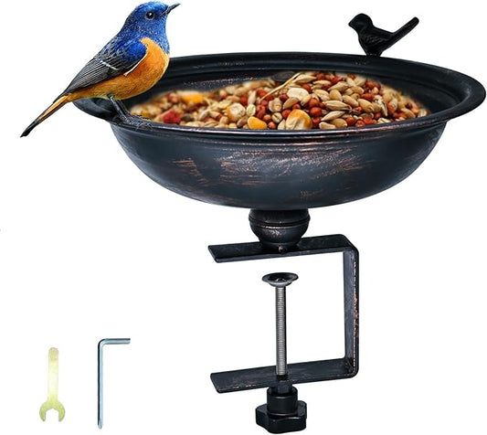 12-Inch Metal Bird Bath and Feeder for Outdoors, Deck Mounted Bird Bath with Detachable Basin, Garden Bird Bath for Balcony, Porch, and Railing, Outdoor Bird Decor, Bronze Color, Easy to Clean