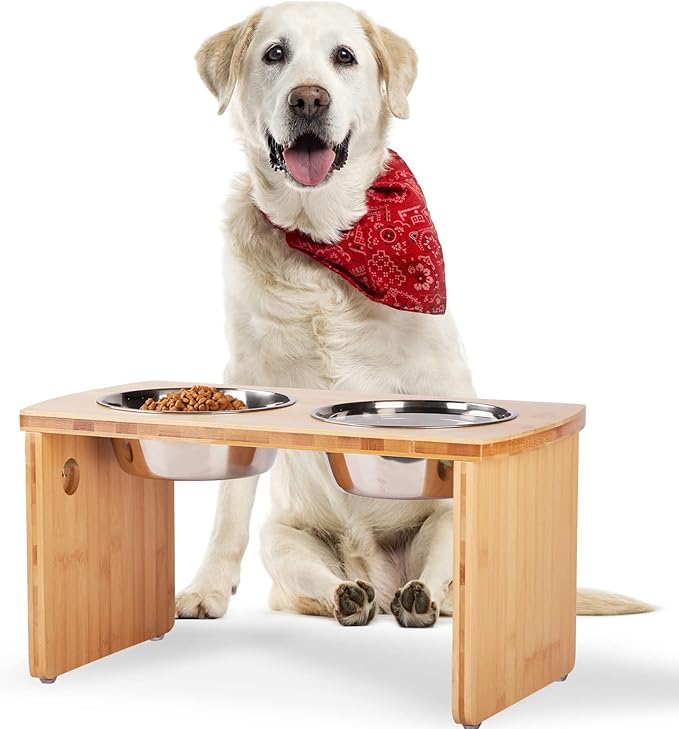 Elevated Dog Bowls, Bamboo Raised Dog Bowl for Large Dogs & Medium Dogs, with 2 Stainless Steel Bowls (10'' Tall–48 oz Bowl)