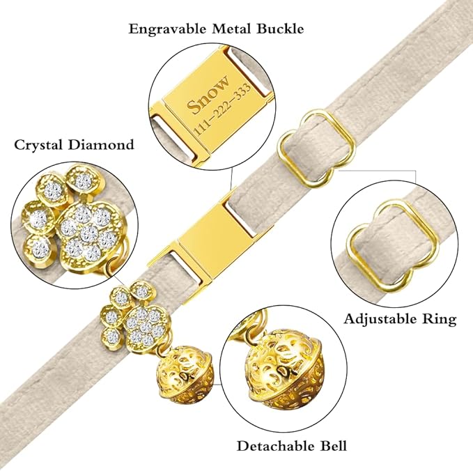 Personalized Breakaway Cat Collars - Magnetic Buckle, Bell - Safety Quick Release, Customized for Girls & Boys Cats- (Velvet-White)